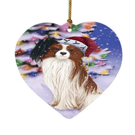 Winterland Wonderland Papillion Dog In Christmas Holiday Scenic Background Heart Christmas Ornament HPOR56068