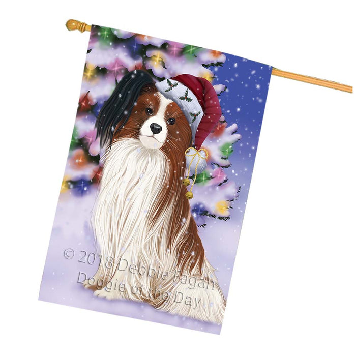 Winterland Wonderland Papillion Dog In Christmas Holiday Scenic Background House Flag FLG56141