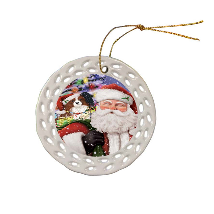 Santa Carrying Papillion Dog and Christmas Presents Ceramic Doily Ornament DPOR55871