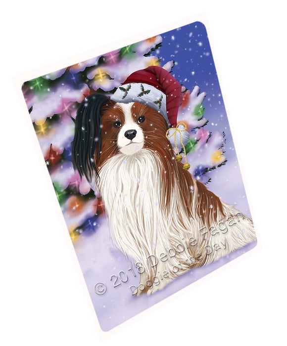 Winterland Wonderland Papillion Dog In Christmas Holiday Scenic Background Cutting Board C72273