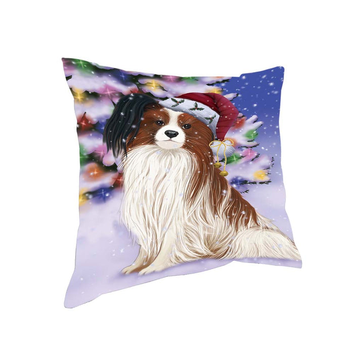 Winterland Wonderland Papillion Dog In Christmas Holiday Scenic Background Pillow PIL71776