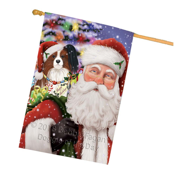 Santa Carrying Papillion Dog and Christmas Presents House Flag FLG55944