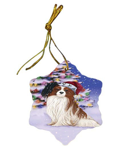 Winterland Wonderland Papillion Dog In Christmas Holiday Scenic Background Star Porcelain Ornament SPOR56068