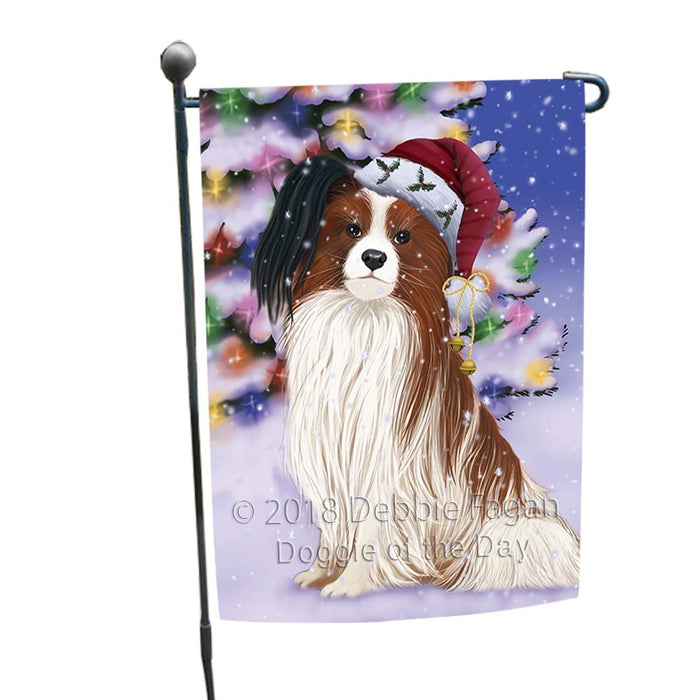 Winterland Wonderland Papillion Dog In Christmas Holiday Scenic Background Garden Flag GFLG56005