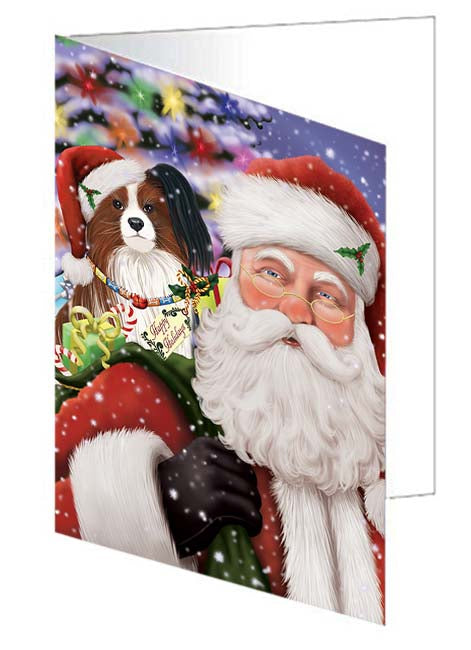 Santa Carrying Papillion Dog and Christmas Presents Handmade Artwork Assorted Pets Greeting Cards and Note Cards with Envelopes for All Occasions and Holiday Seasons GCD71060