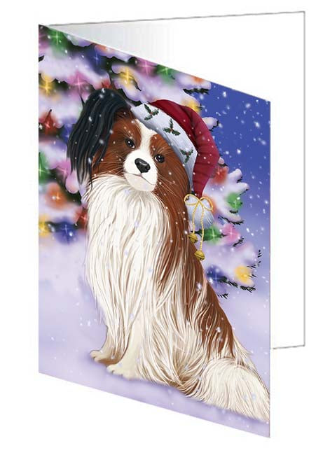 Winterland Wonderland Papillion Dog In Christmas Holiday Scenic Background Handmade Artwork Assorted Pets Greeting Cards and Note Cards with Envelopes for All Occasions and Holiday Seasons GCD71651