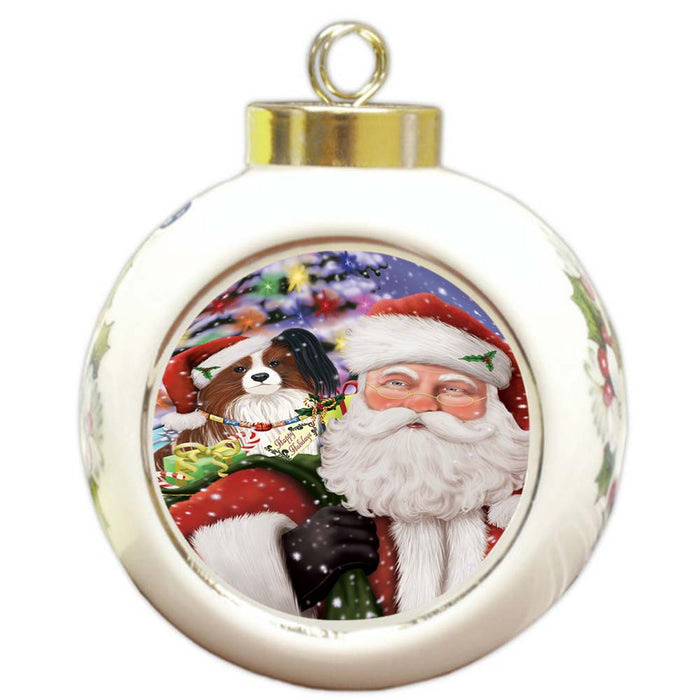 Santa Carrying Papillion Dog and Christmas Presents Round Ball Christmas Ornament RBPOR55871