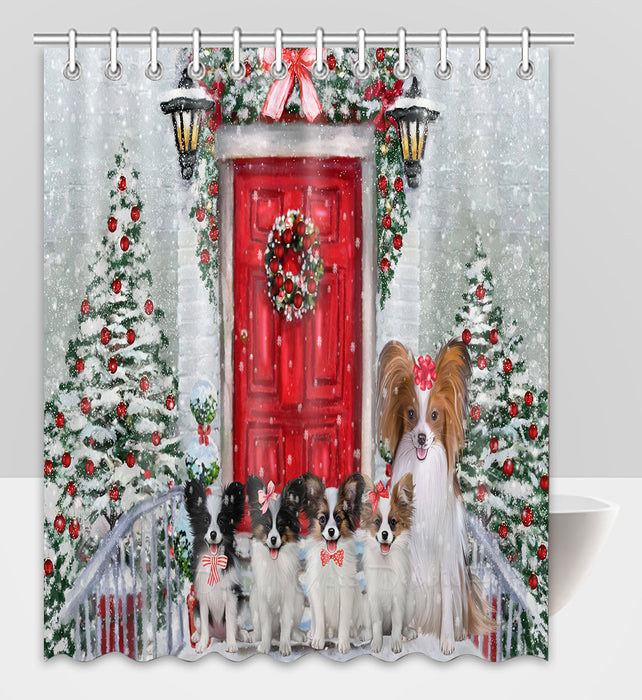 Christmas Holiday Welcome Papillon Dogs Shower Curtain Pet Painting Bathtub Curtain Waterproof Polyester One-Side Printing Decor Bath Tub Curtain for Bathroom with Hooks