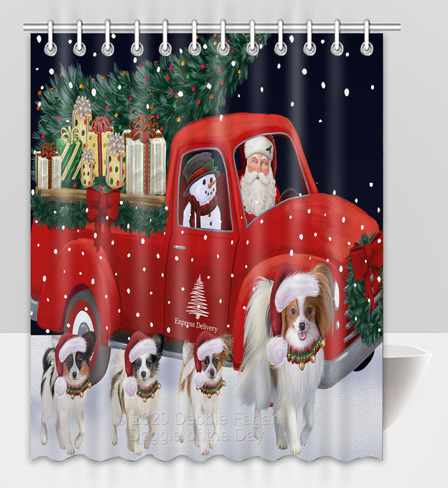 Christmas Express Delivery Red Truck Running Papillon Dogs Shower Curtain Bathroom Accessories Decor Bath Tub Screens