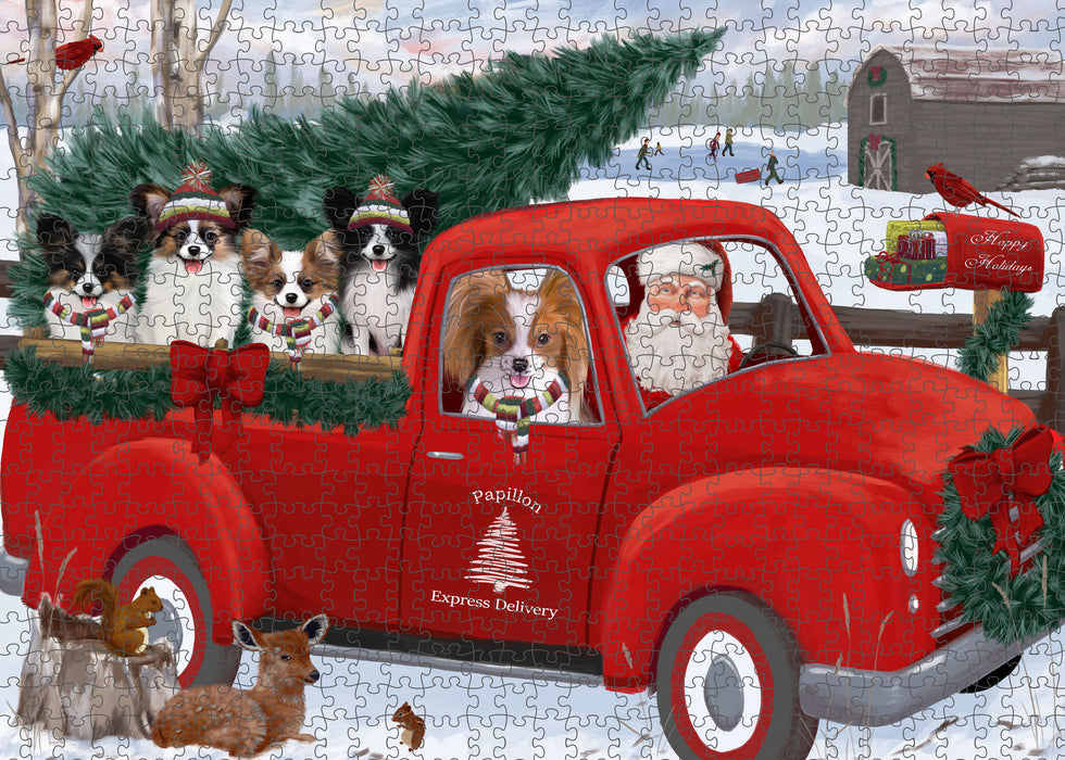 Christmas Santa Express Delivery Red Truck Papillon Dogs Portrait Jigsaw Puzzle for Adults Animal Interlocking Puzzle Game Unique Gift for Dog Lover's with Metal Tin Box