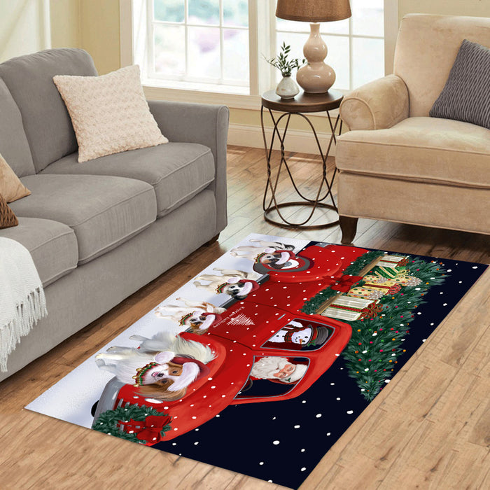 Christmas Express Delivery Red Truck Running Papillon Dogs Polyester Area Rug ARUG63002