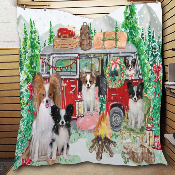 Christmas Time Camping with Papillon Dogs  Quilt Bed Coverlet Bedspread - Pets Comforter Unique One-side Animal Printing - Soft Lightweight Durable Washable Polyester Quilt