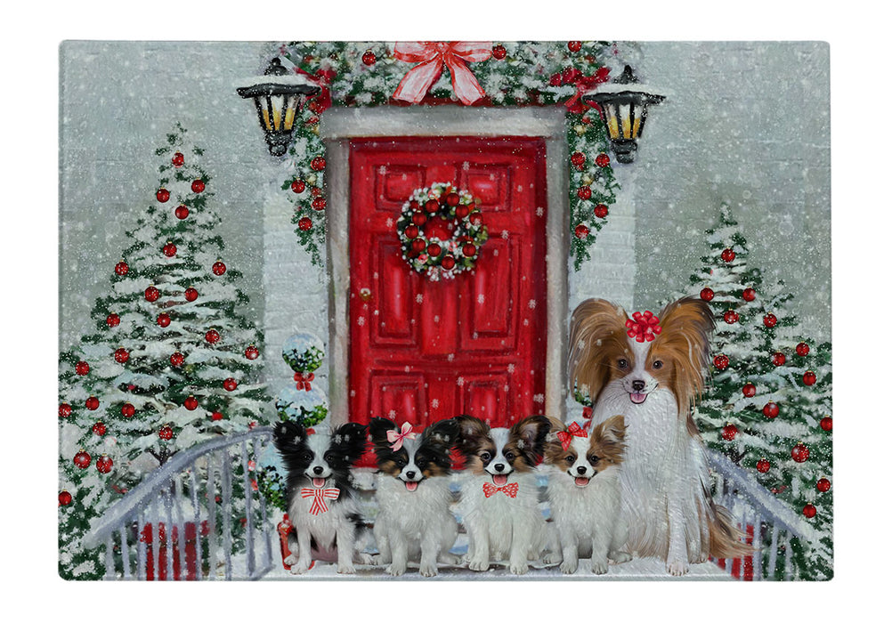 Christmas Holiday Welcome Papillon Dogs Cutting Board - For Kitchen - Scratch & Stain Resistant - Designed To Stay In Place - Easy To Clean By Hand - Perfect for Chopping Meats, Vegetables