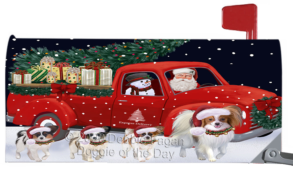 Christmas Express Delivery Red Truck Running Papillon Dog Magnetic Mailbox Cover Both Sides Pet Theme Printed Decorative Letter Box Wrap Case Postbox Thick Magnetic Vinyl Material
