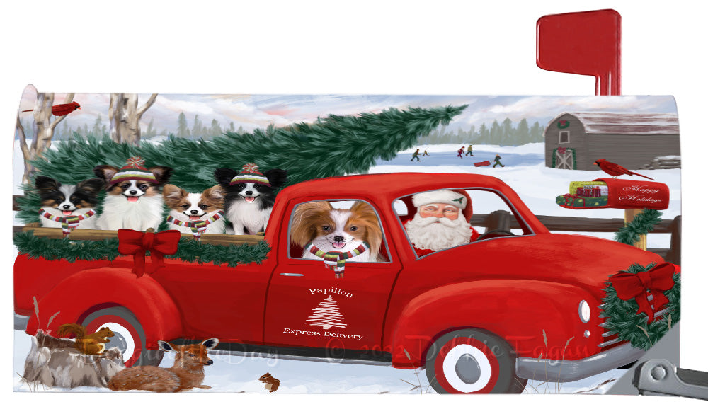 Christmas Santa Express Delivery Red Truck Papillon Dogs Magnetic Mailbox Cover Both Sides Pet Theme Printed Decorative Letter Box Wrap Case Postbox Thick Magnetic Vinyl Material