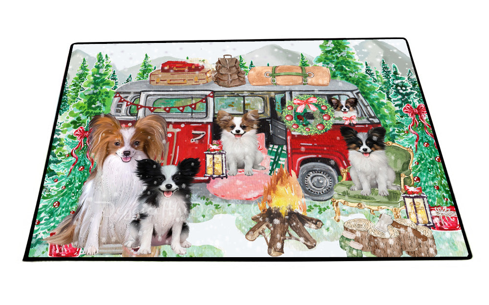 Christmas Time Camping with Papillon Dogs Floor Mat- Anti-Slip Pet Door Mat Indoor Outdoor Front Rug Mats for Home Outside Entrance Pets Portrait Unique Rug Washable Premium Quality Mat