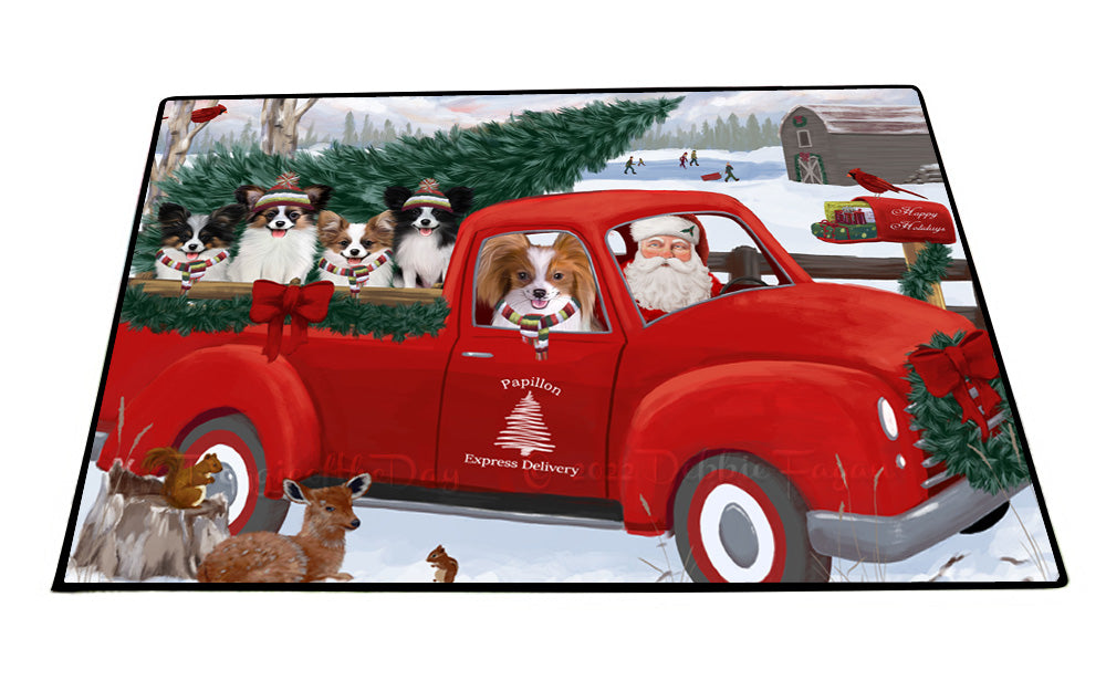 Christmas Santa Express Delivery Red Truck Papillon Dogs Floor Mat- Anti-Slip Pet Door Mat Indoor Outdoor Front Rug Mats for Home Outside Entrance Pets Portrait Unique Rug Washable Premium Quality Mat