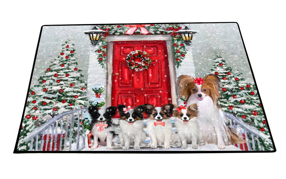 Christmas Holiday Welcome Papillon Dogs Floor Mat- Anti-Slip Pet Door Mat Indoor Outdoor Front Rug Mats for Home Outside Entrance Pets Portrait Unique Rug Washable Premium Quality Mat