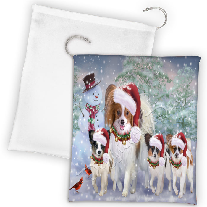 Christmas Running Fammily Papillon Dogs Drawstring Laundry or Gift Bag LGB48238