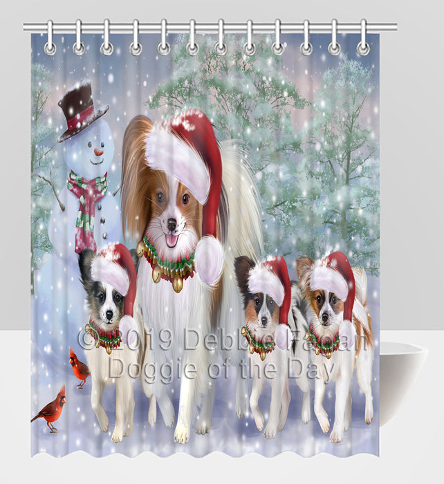 Christmas Running Fammily Papillon Dogs Shower Curtain