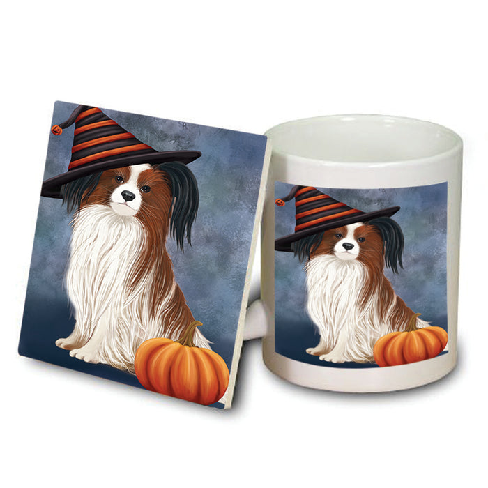 Happy Halloween Papillon Dog Wearing Witch Hat with Pumpkin Mug and Coaster Set MUC54899