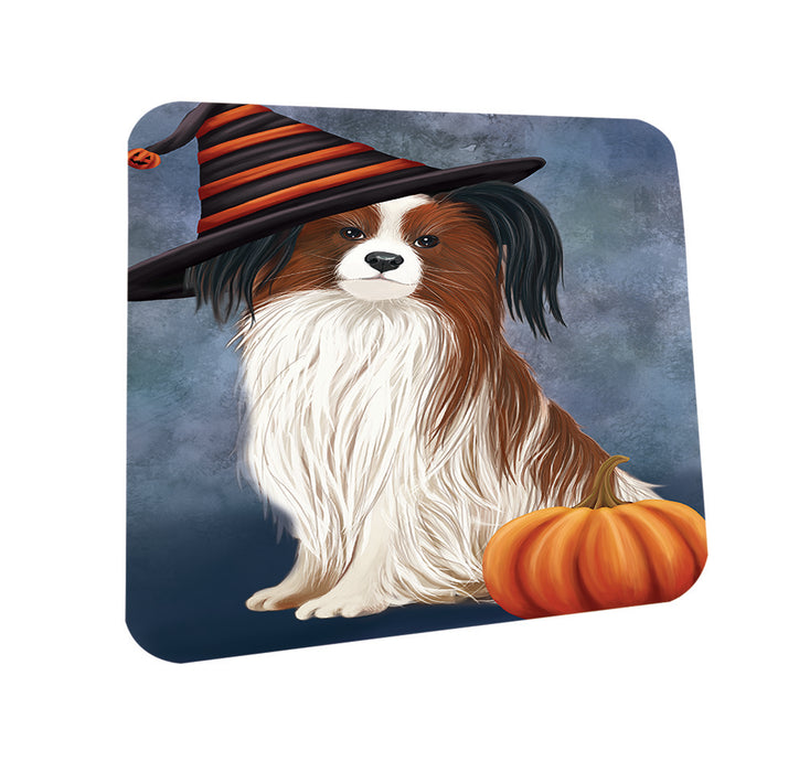 Happy Halloween Papillon Dog Wearing Witch Hat with Pumpkin Coasters Set of 4 CST54865