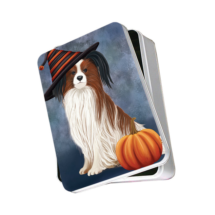 Happy Halloween Papillon Dog Wearing Witch Hat with Pumpkin Photo Storage Tin PITN54850