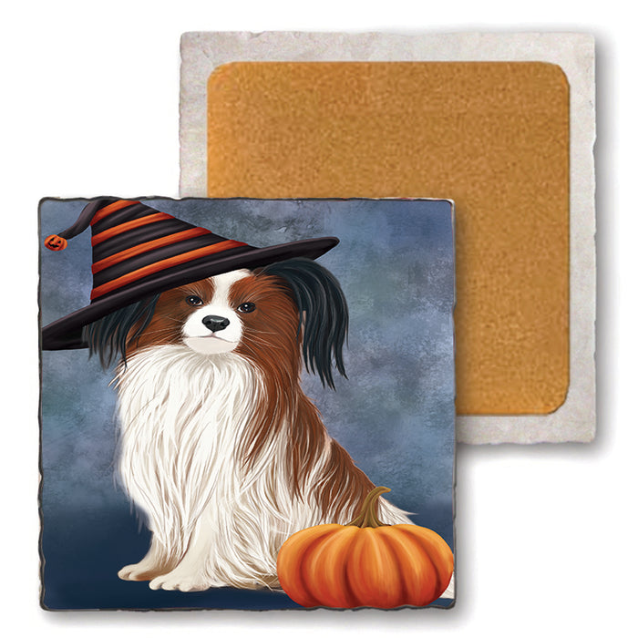Happy Halloween Papillon Dog Wearing Witch Hat with Pumpkin Set of 4 Natural Stone Marble Tile Coasters MCST49907
