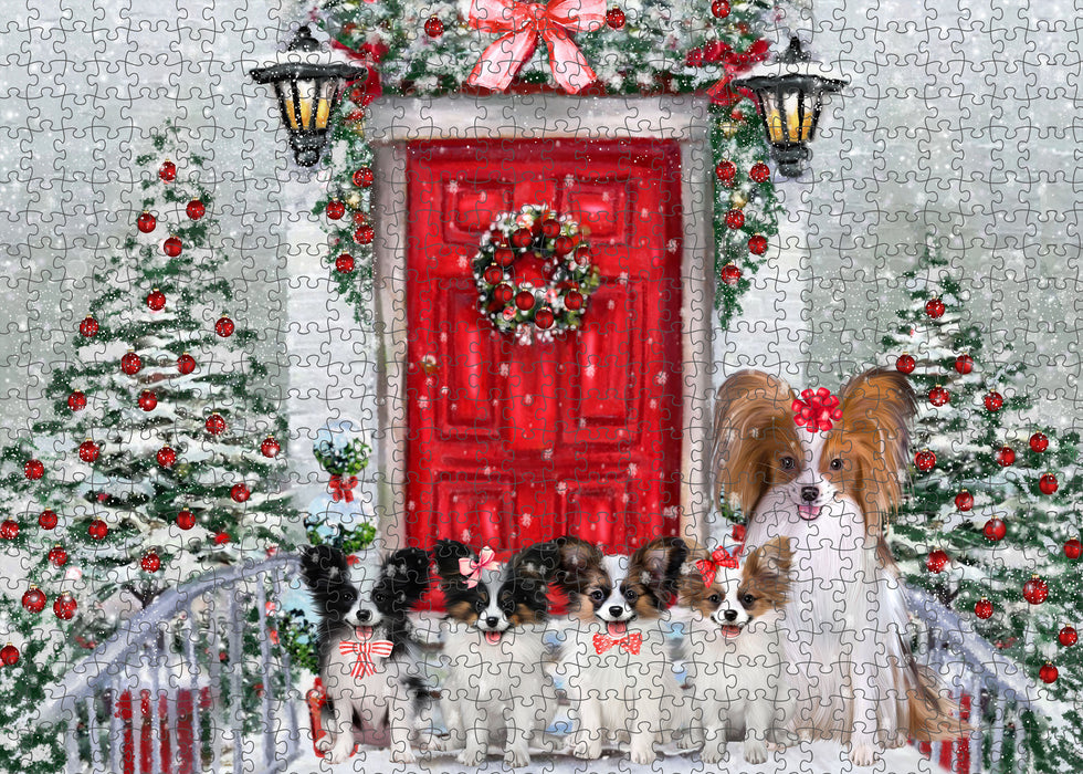 Christmas Holiday Welcome Papillon Dogs Portrait Jigsaw Puzzle for Adults Animal Interlocking Puzzle Game Unique Gift for Dog Lover's with Metal Tin Box