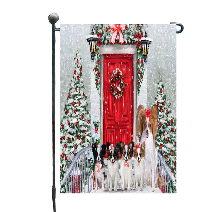 Christmas Holiday Welcome Papillon Dogs Garden Flags- Outdoor Double Sided Garden Yard Porch Lawn Spring Decorative Vertical Home Flags 12 1/2"w x 18"h