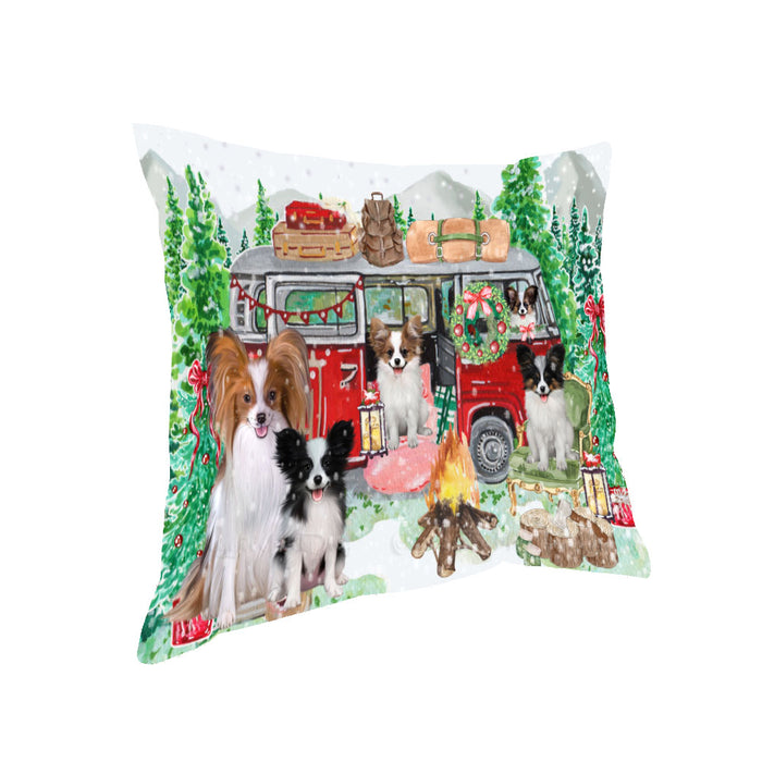 Christmas Time Camping with Papillon Dogs Pillow with Top Quality High-Resolution Images - Ultra Soft Pet Pillows for Sleeping - Reversible & Comfort - Ideal Gift for Dog Lover - Cushion for Sofa Couch Bed - 100% Polyester