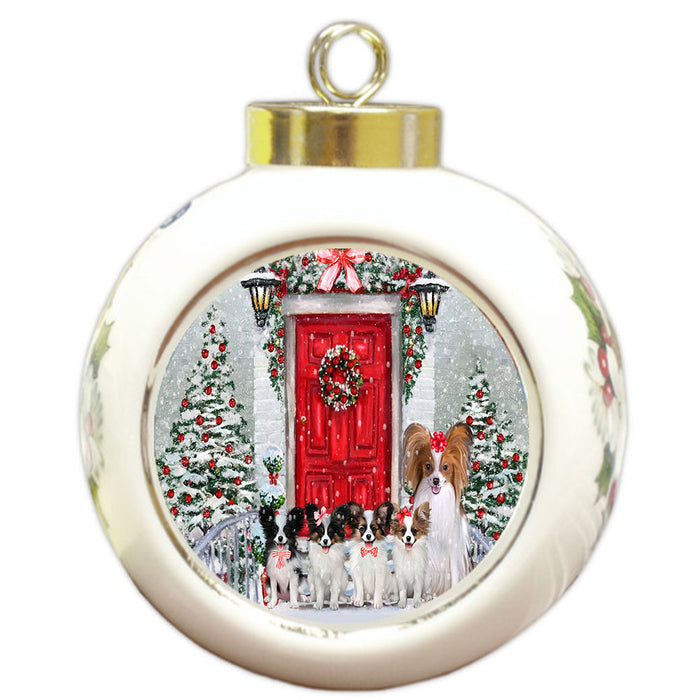 Christmas Holiday Welcome Papillon Dogs Round Ball Christmas Ornament Pet Decorative Hanging Ornaments for Christmas X-mas Tree Decorations - 3" Round Ceramic Ornament