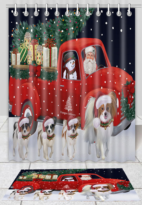 Christmas Express Delivery Red Truck Running Papillon Dogs Bath Mat and Shower Curtain Combo