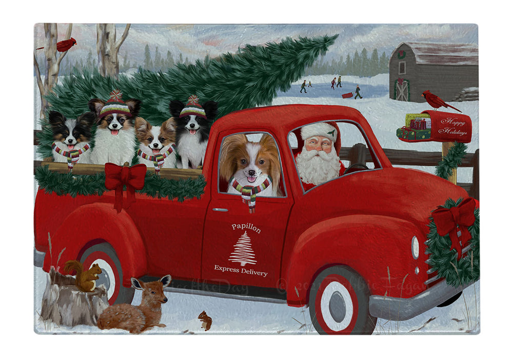 Christmas Santa Express Delivery Red Truck Papillon Dogs Cutting Board - For Kitchen - Scratch & Stain Resistant - Designed To Stay In Place - Easy To Clean By Hand - Perfect for Chopping Meats, Vegetables