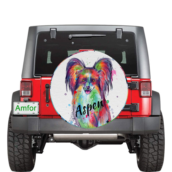 Custom Pet Name Personalized Watercolor Papillon Dog Car Tire Cover