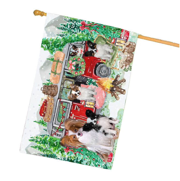 Christmas Time Camping with Papillon Dogs House Flag Outdoor Decorative Double Sided Pet Portrait Weather Resistant Premium Quality Animal Printed Home Decorative Flags 100% Polyester