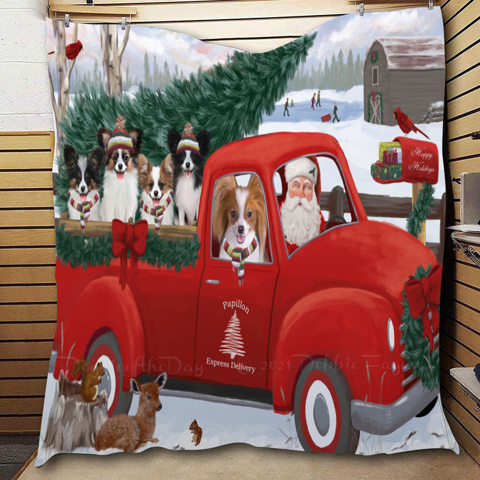 Christmas Santa Express Delivery Red Truck Papillon Dogs  Quilt Bed Coverlet Bedspread - Pets Comforter Unique One-side Animal Printing - Soft Lightweight Durable Washable Polyester Quilt