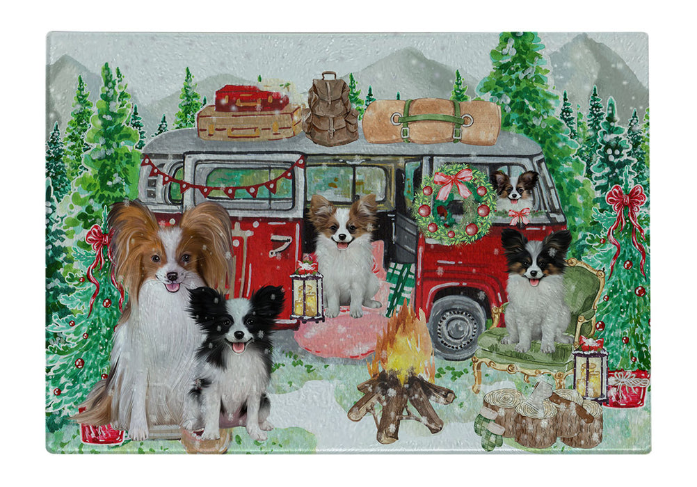 Christmas Time Camping with Papillon Dogs Cutting Board - For Kitchen - Scratch & Stain Resistant - Designed To Stay In Place - Easy To Clean By Hand - Perfect for Chopping Meats, Vegetables