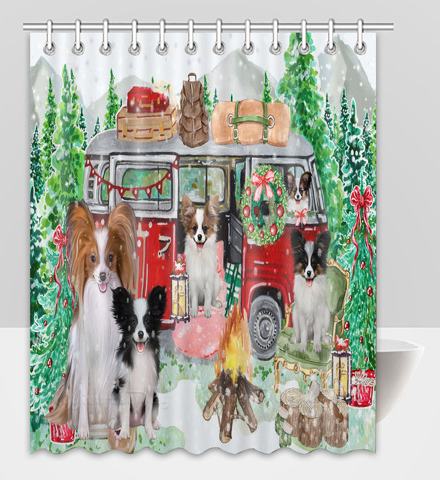Christmas Time Camping with Papillon Dogs Shower Curtain Pet Painting Bathtub Curtain Waterproof Polyester One-Side Printing Decor Bath Tub Curtain for Bathroom with Hooks