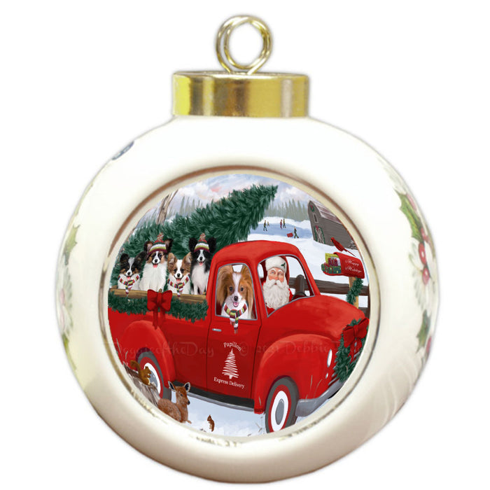 Christmas Santa Express Delivery Red Truck Papillon Dogs Round Ball Christmas Ornament Pet Decorative Hanging Ornaments for Christmas X-mas Tree Decorations - 3" Round Ceramic Ornament
