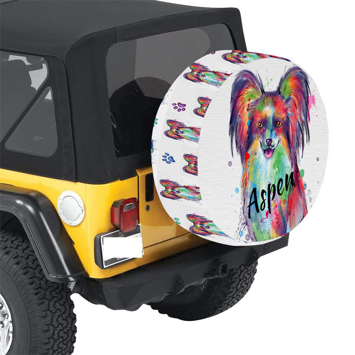 Custom Pet Name Personalized Watercolor Papillon Dog Car Tire Cover