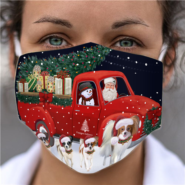 Christmas Express Delivery Red Truck Running Papillon Dogs Face Mask FM49882