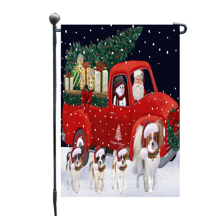 Christmas Express Delivery Red Truck Running Papillon Dogs Garden Flag GFLG66479