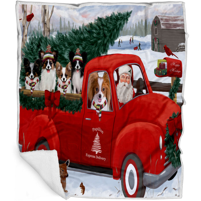 Christmas Santa Express Delivery Red Truck Papillon Dogs Blanket - Lightweight Soft Cozy and Durable Bed Blanket - Animal Theme Fuzzy Blanket for Sofa Couch