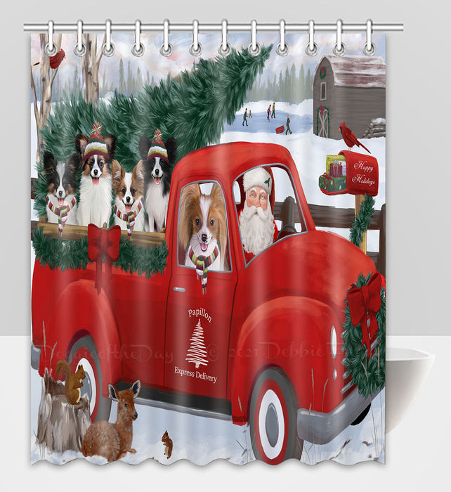 Christmas Santa Express Delivery Red Truck Papillon Dogs Shower Curtain Pet Painting Bathtub Curtain Waterproof Polyester One-Side Printing Decor Bath Tub Curtain for Bathroom with Hooks