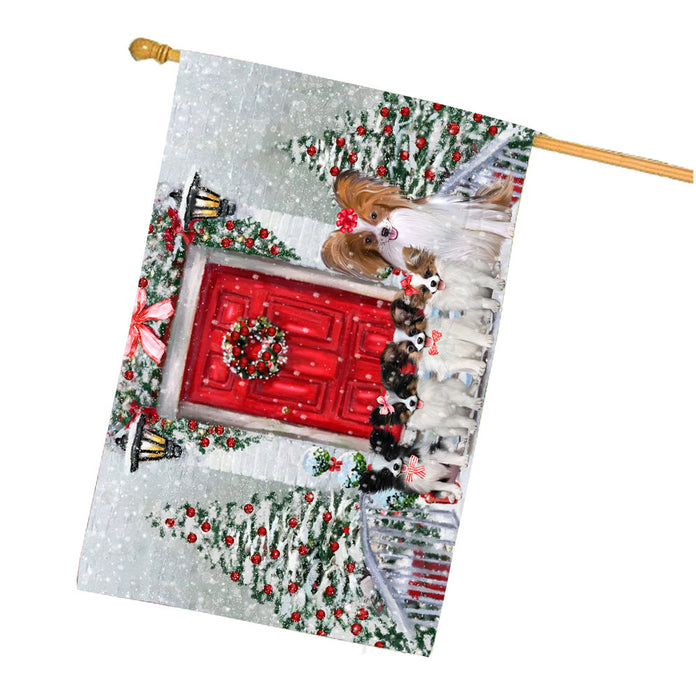 Christmas Holiday Welcome Papillon Dogs House Flag Outdoor Decorative Double Sided Pet Portrait Weather Resistant Premium Quality Animal Printed Home Decorative Flags 100% Polyester