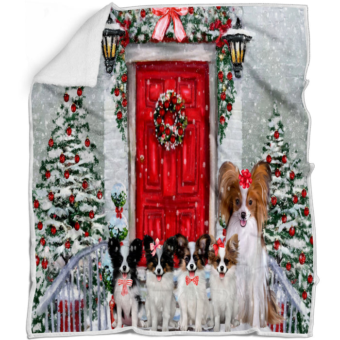 Christmas Holiday Welcome Papillon Dogs Blanket - Lightweight Soft Cozy and Durable Bed Blanket - Animal Theme Fuzzy Blanket for Sofa Couch