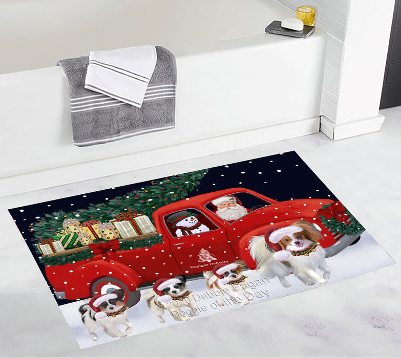 Christmas Express Delivery Red Truck Running Papillon Dogs Bath Mat BRUG53545