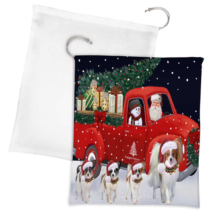 Christmas Express Delivery Red Truck Running Papillon Dogs Drawstring Laundry or Gift Bag LGB48915