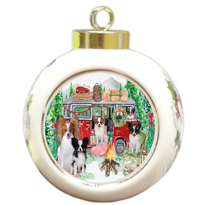 Christmas Time Camping with Papillon Dogs Round Ball Christmas Ornament Pet Decorative Hanging Ornaments for Christmas X-mas Tree Decorations - 3" Round Ceramic Ornament